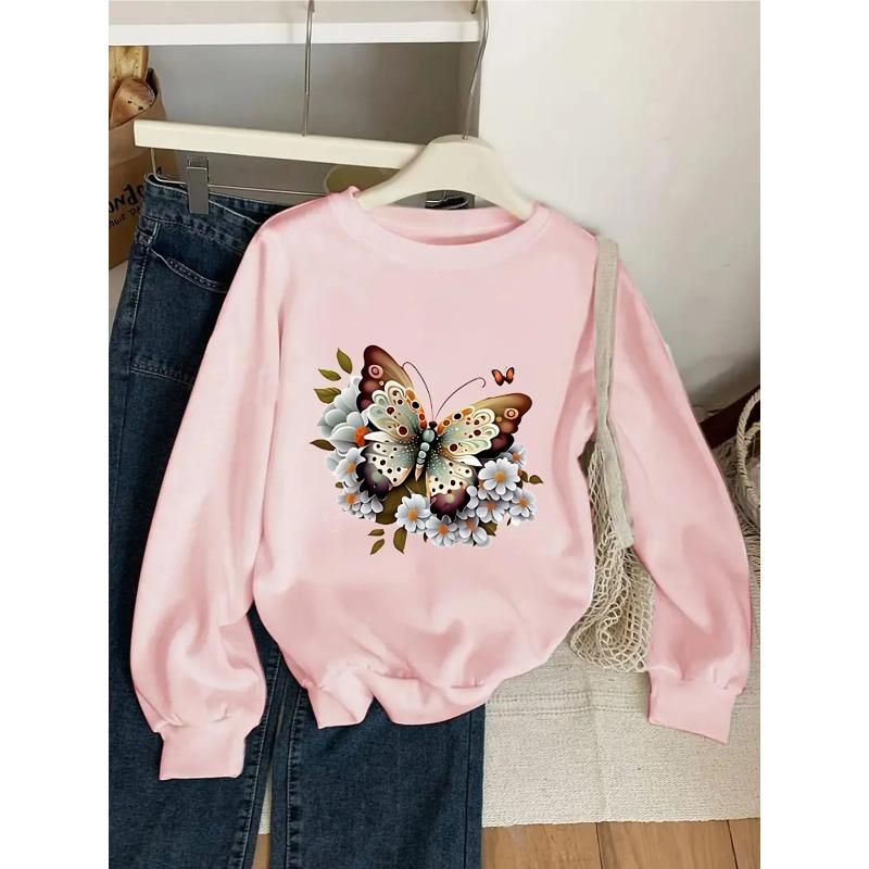 Kids Crewneck Sweatshirt, Floral Butterfly Print,Spring Autumn Casual Sport Tops