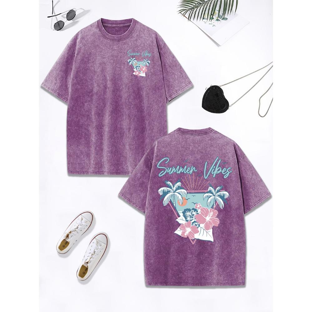 Summer Vibes Hawaii Beach Prints Washed T-Shirts Womens Cotton Oversized Tops Distressed T Shirts Street Womans Clothes