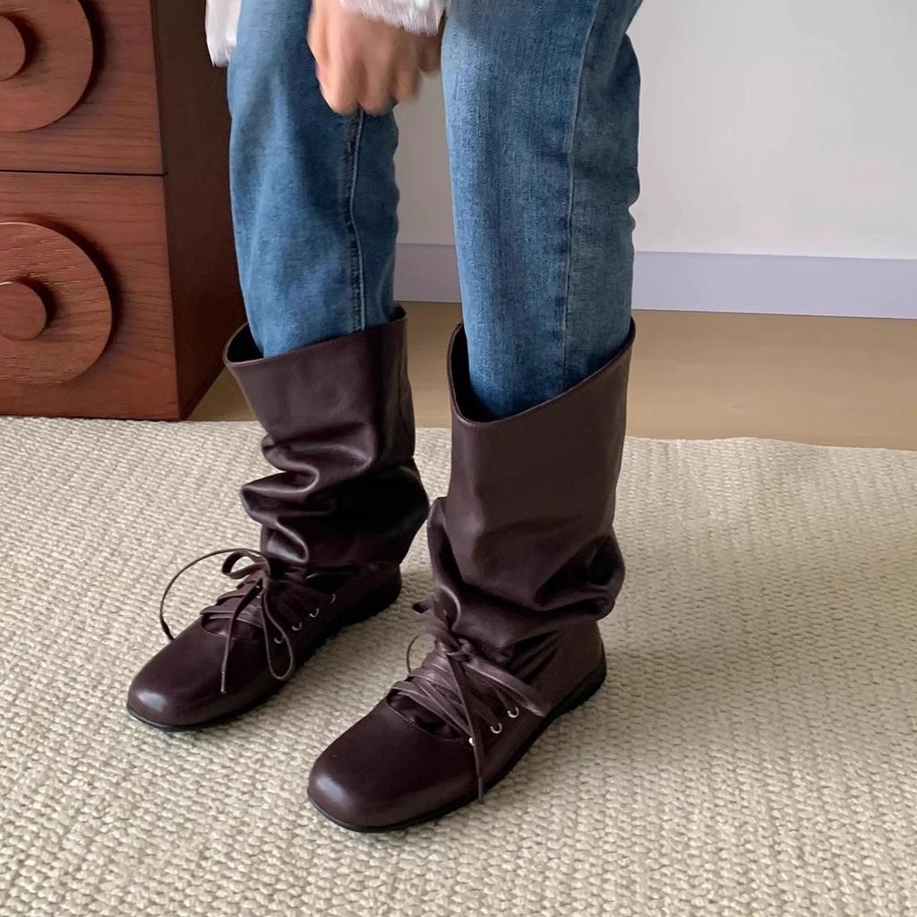 Retro Big Tube Circumference Pleated Stacking Boots Women's 2025 New Korean Version Lace-up Thick Heel Medium Tube Boots Flat Ballet Boots