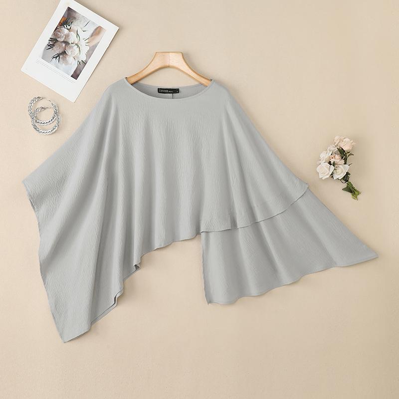 

ZANZEA Женская повседневная блузка с круглым вырезом и рукавами 3/4, свободная накидка L серый