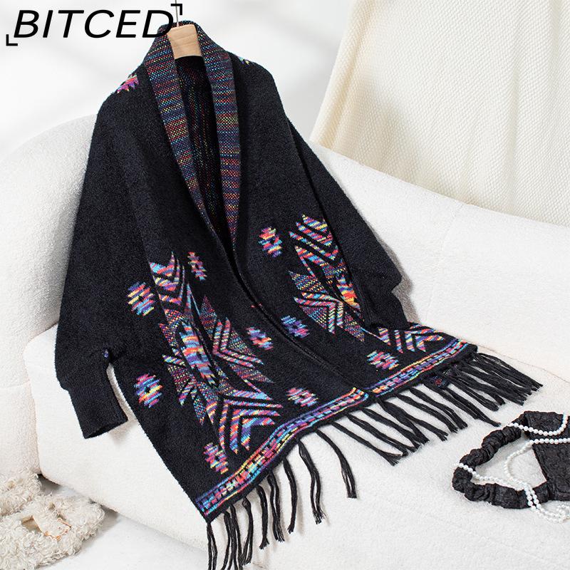 

BITCED Женский вязаный кардиган: Поп-арт Геометрический жаккардовый этнический платок с бахромой One size чёрный