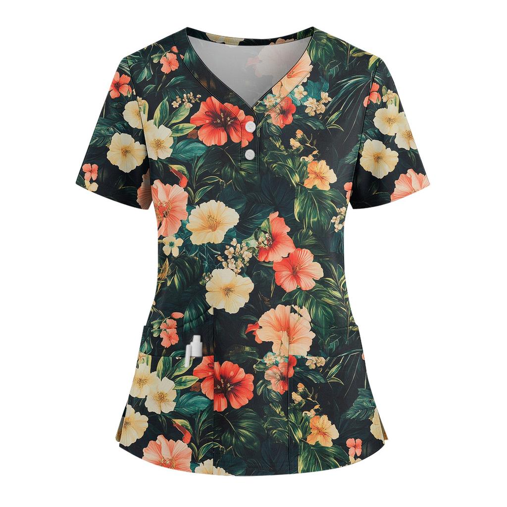 Women's Loose Short Sleeved Fashionable Flowers And Plants Printing V-neck Buttonable Side Slit Top T-shirt