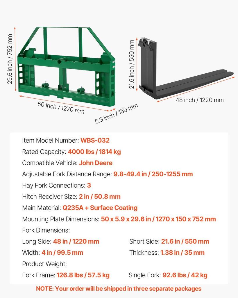 Skid Steer Pallet Forks, 1814 Kg Rated Load Capacity, Pallet Fork Frame Attachment with 122 Cm Pallet Forks Forklift Blades, 50.8 Mm Hitch Receiver &