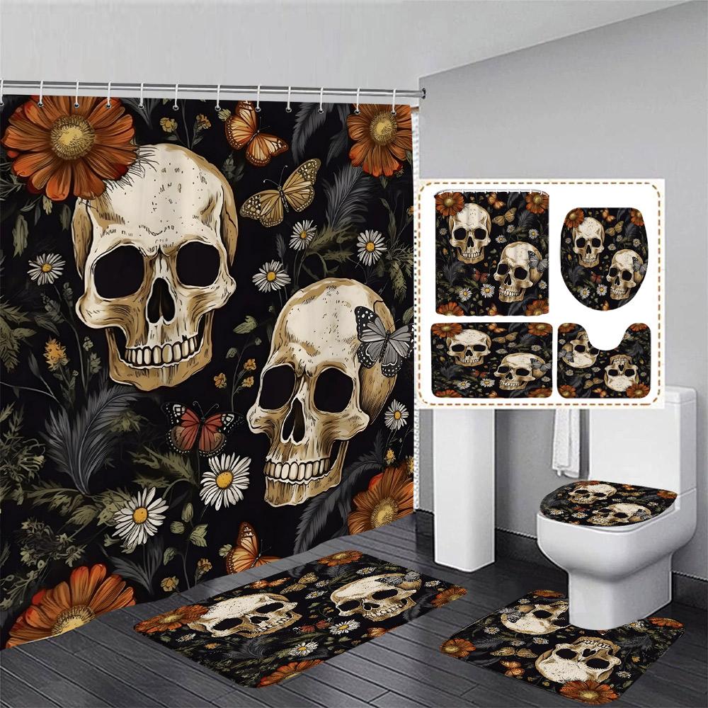 Floral Skull Shower Curtain Set Butterfly Moth Pink Mushroom Flower Skeleton Halloween Home Bathroom Decor Bath Mat Toilet Cover