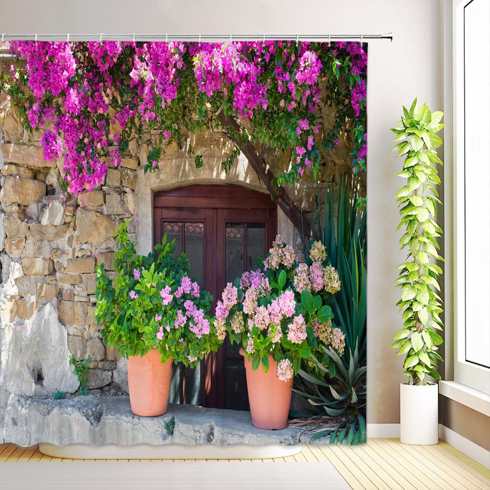 Tropical Ocean Scenery Shower Curtains Palm Tree Flowers Plants Nature Forest Waterfall Outdoor Garden Bathroom Decor with Hooks