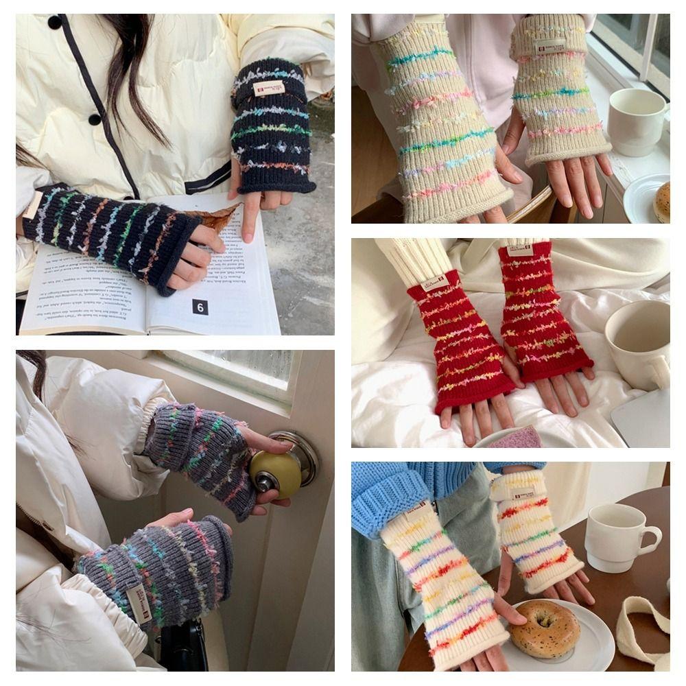 Y2k Streifen Gestrickte Handschuhe Verdickte Fingerlose Fäustlinge Süße Damen Winterhandschuhe Damen