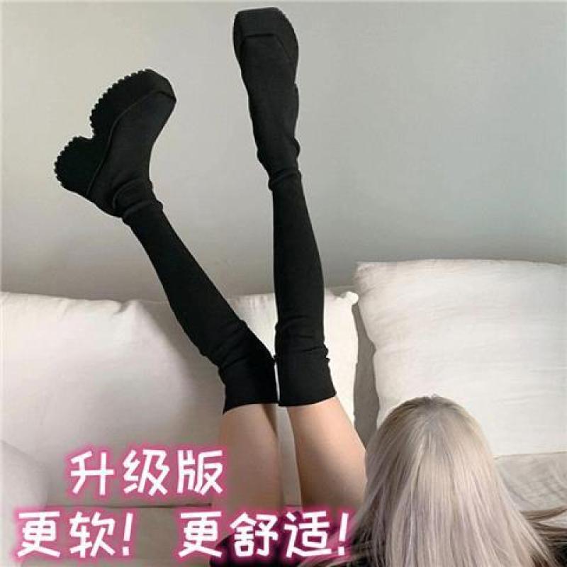 Tall thin, thin boots, elastic socks boots, retro square head muffin thick-soled super tall stockings, over-the-knee boots