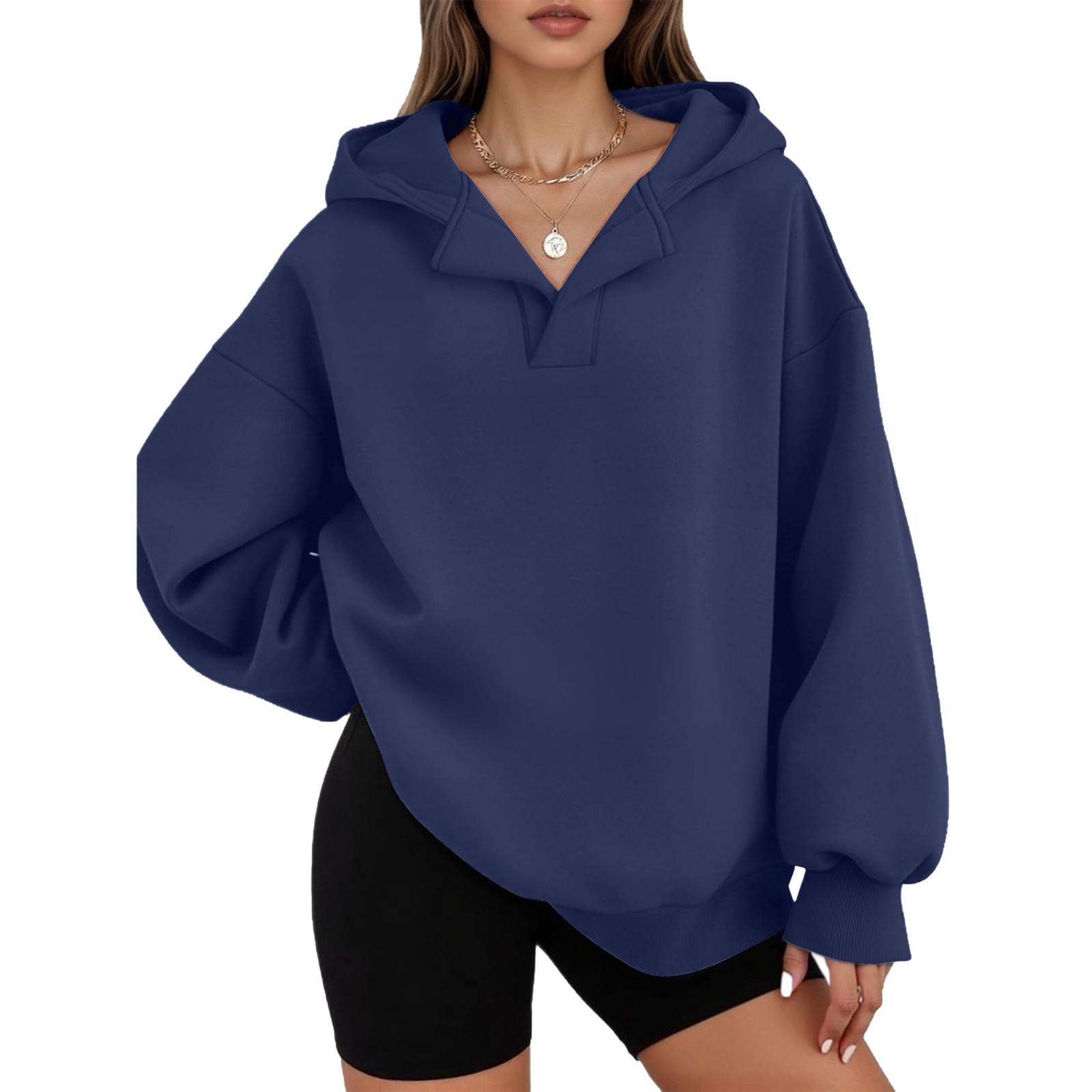 

Women s Casual V-neck Pullover Long-sleeve Solid Color Fleece-lined Hooded Sweatshirt Top S тёмно-синий