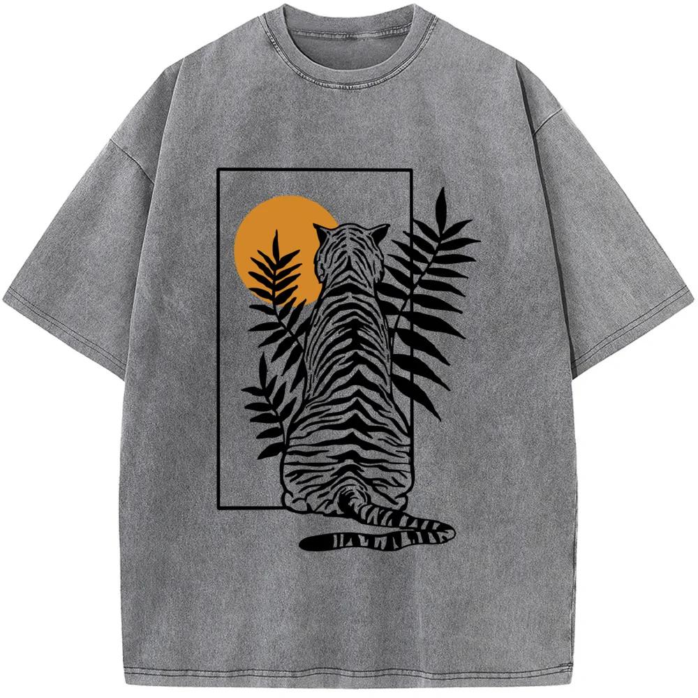 Men's Geometric Tiger Short-Sleeved Shirt  High-Quality Washed Old Tshirt Vintage Colored Mens T-shirts