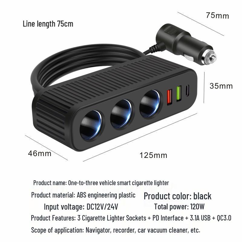 Universal 1-to-3 Car Cigarette Lighter Charger with QC3.0, Dual USB, PD Fast Charging (12V/24V)