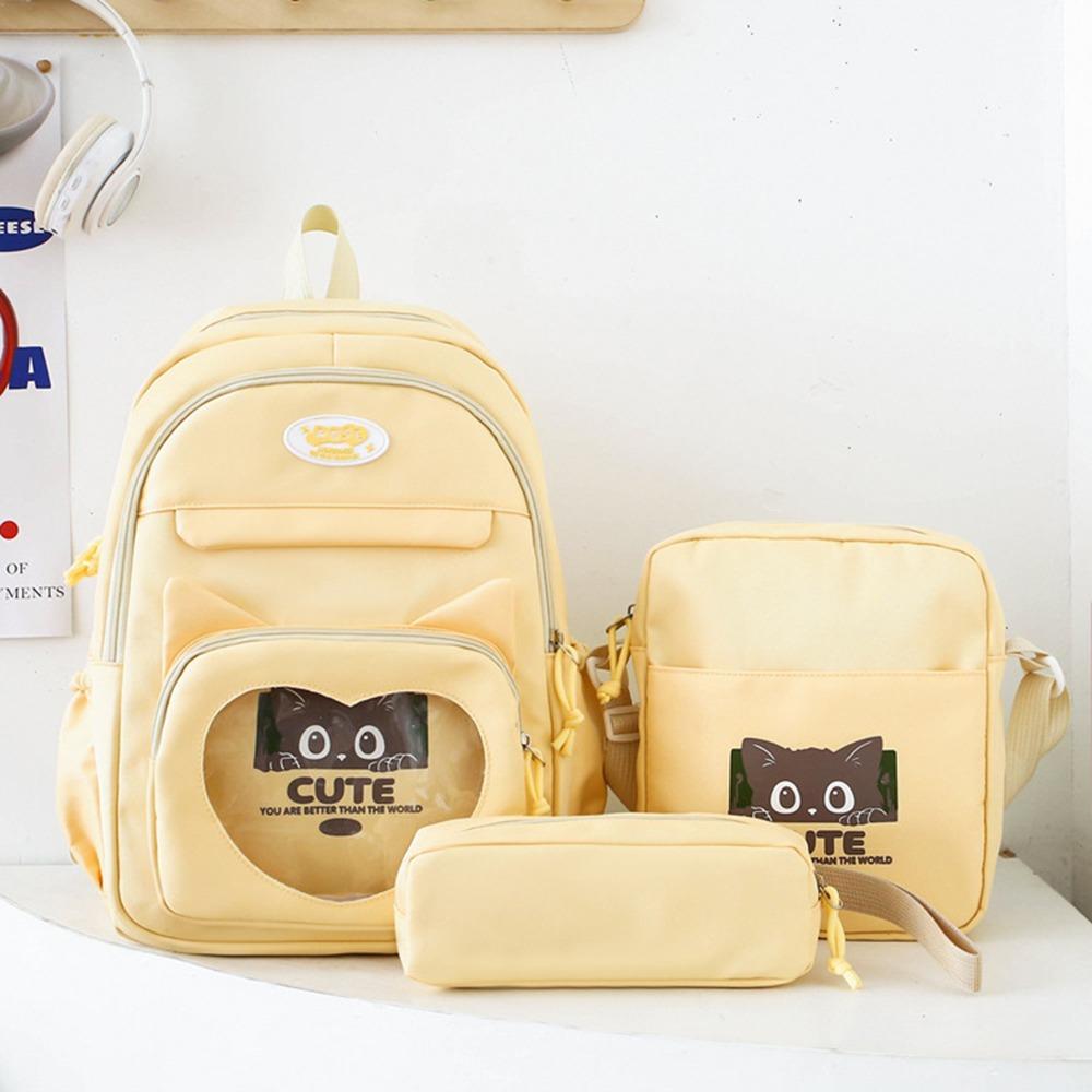 

3pcs/set Large Capacity Transparent School Backpack Nylon Cute Cat School Bag Set Elementary School рожевий