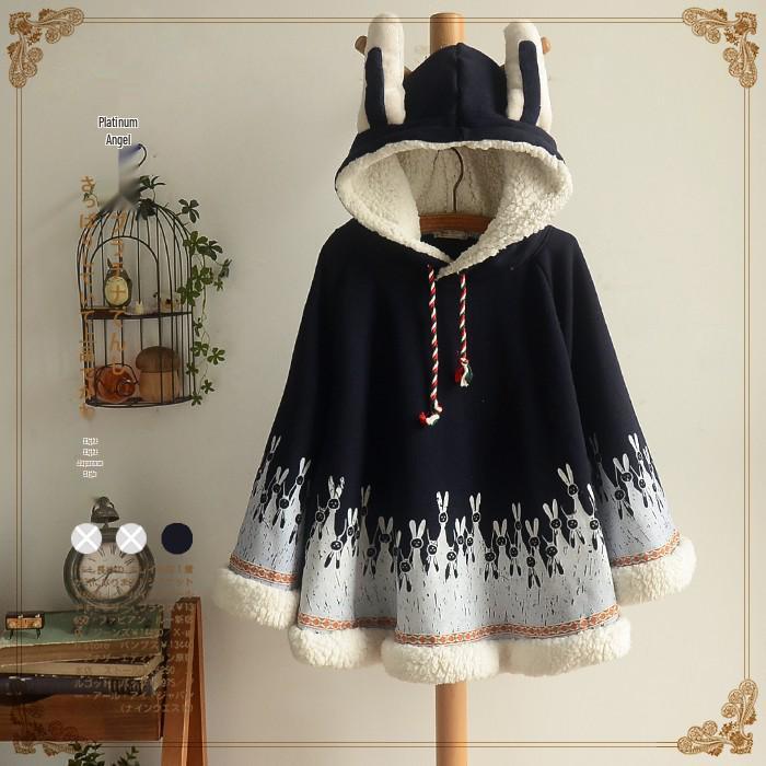 2019 Winter College Style Cute Patchwork Rabbit Ear Hooded Fleece-Lined Cape Coat