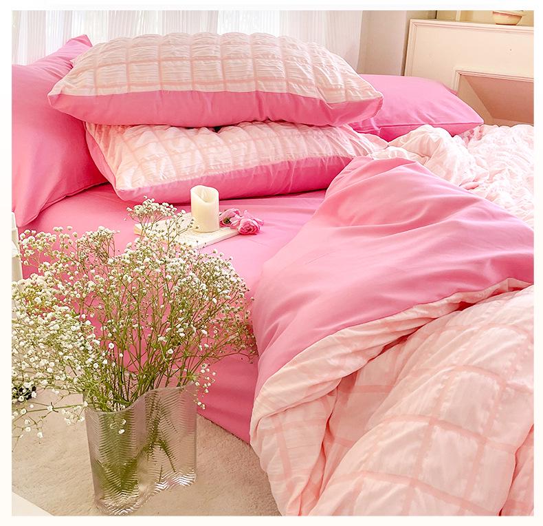 Korean Style Seersucker Cotton 4-Piece Bed Set - Girlish Duvet Cover & Sheet for Dorms (3-Piece)