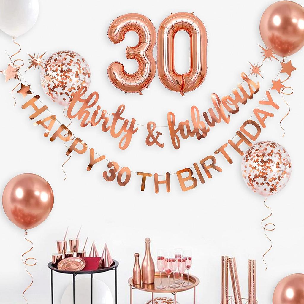 Rose Gold Thirty & Fabulous Happy 30th Birthday Banner Garland Foil Balloon 30 for Womens 30th Birthday Decorations Hanging 30 and Fabulous Cheers to