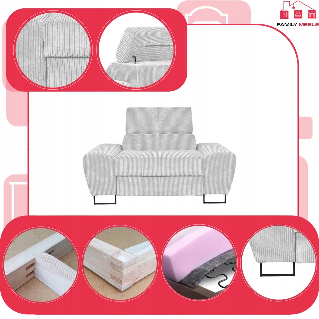 Sessel Savio Wohnzimmer Family Möbel j.grau Cord reg Kopfstütze