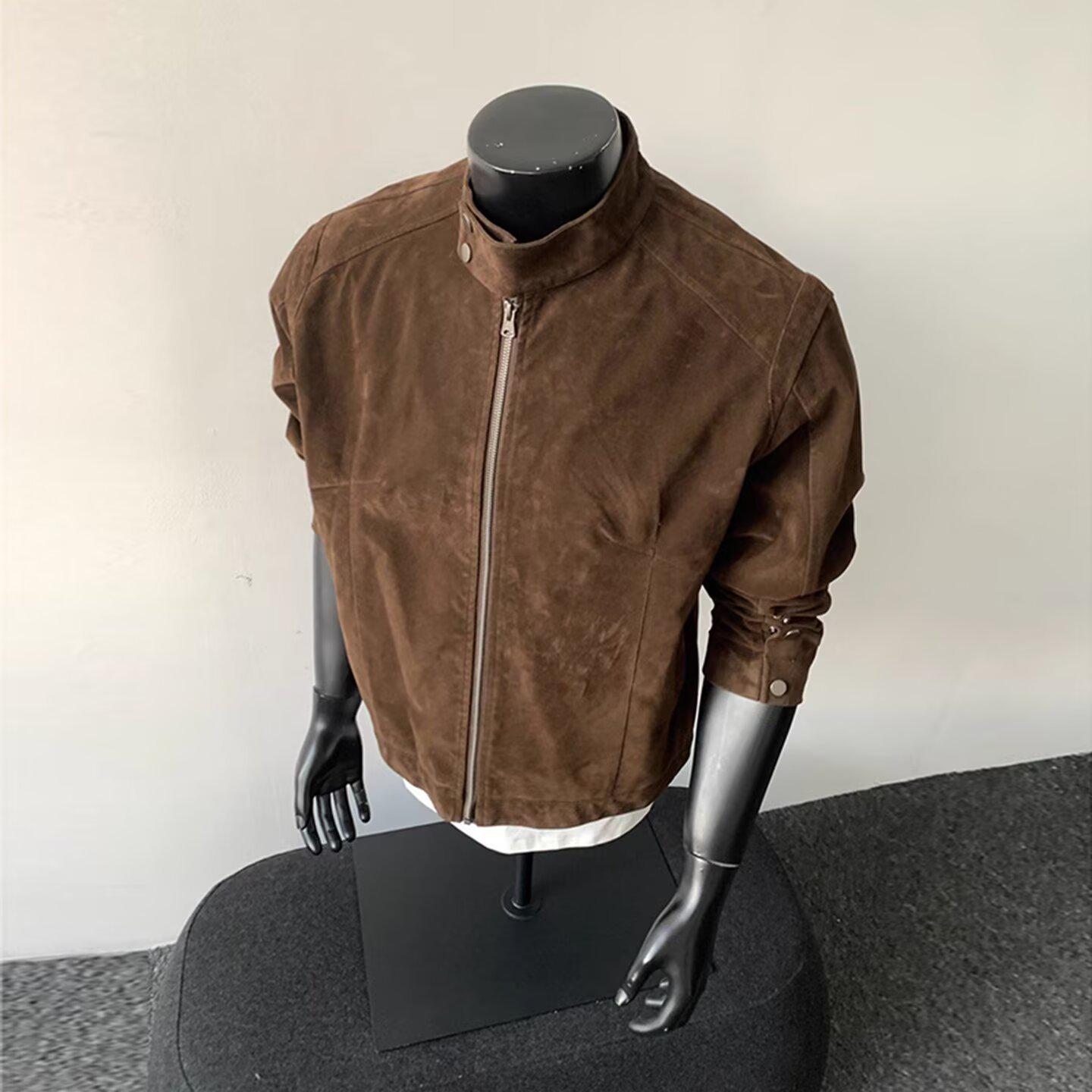 

Men s Trendy American Stand Collar Leather Jacket, Spring/Autumn 2025, Loose Fit, Plus Size. XL коричневий