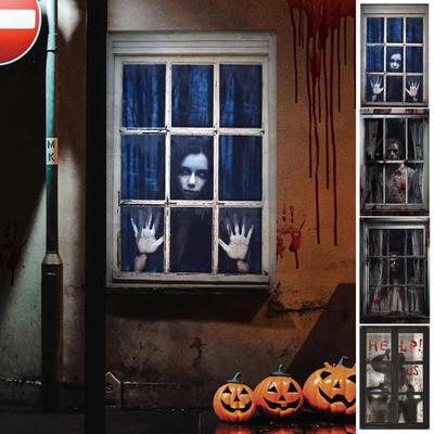 Halloween Scary Window Cover Horror Female Ghost Window Curtain Indoor Outdoor Party Haunted House Window Door Decoration Poster