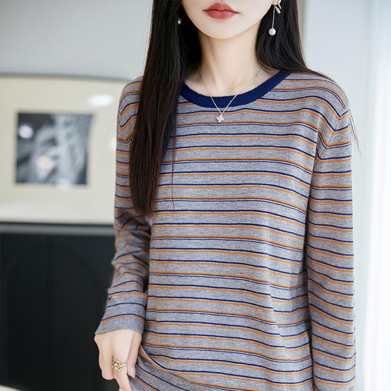 Women's Striped Knit Pullover: Round Neck, Long Sleeve Sweater for Autumn 2026
