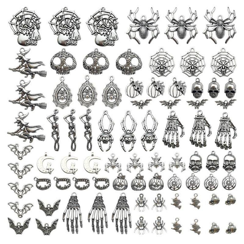 80Pcs Antique Silver Halloween Alloy Charms, Witch Spider Skull Bat Pumpkin Skeleton Pendants For DIY Jewelry Making