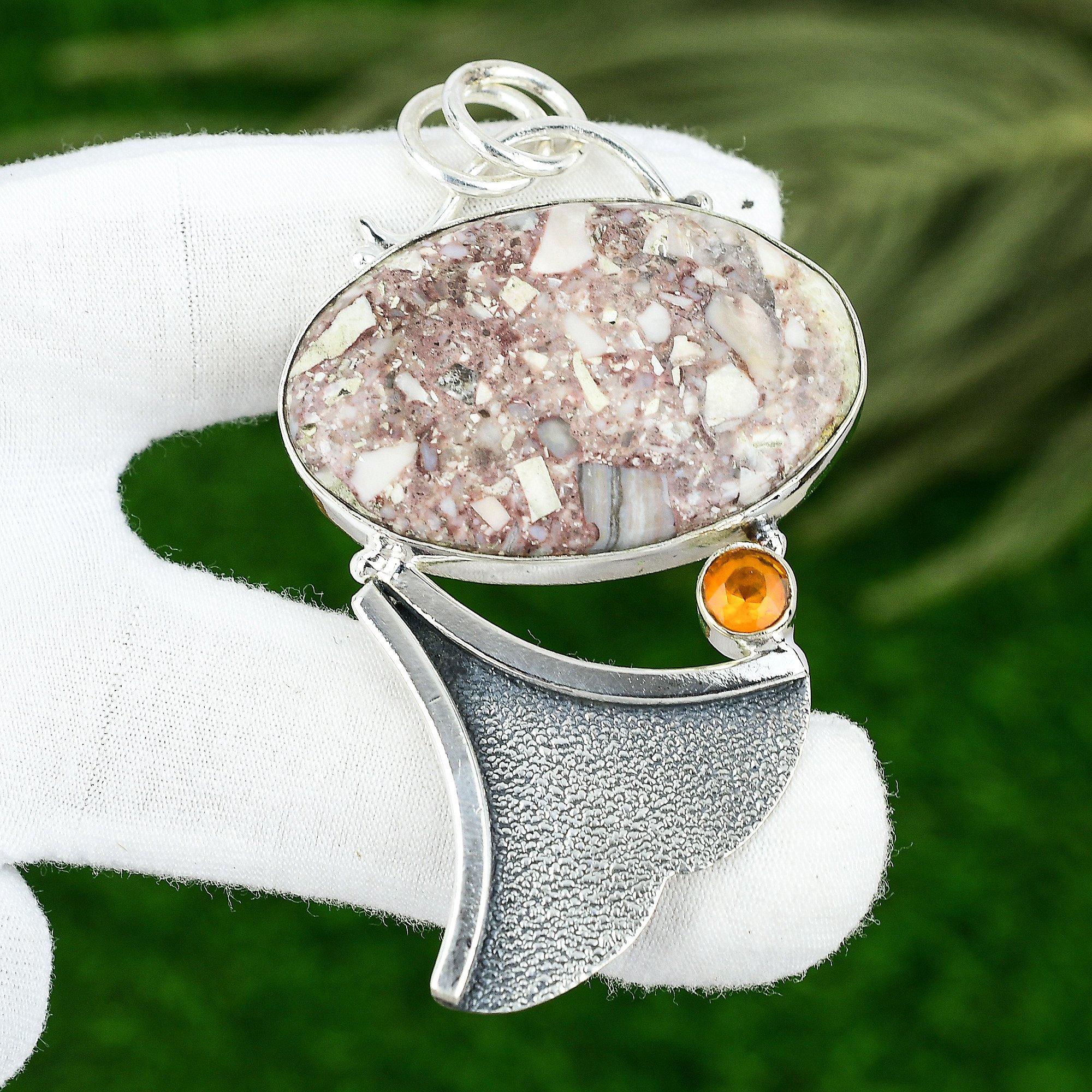 

Natural Red Brecciated Mookaite Honey Topaz Sterling Silver Boho Pendant Jewelry