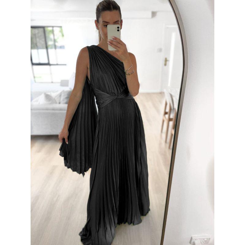 

Women Holiday Party Dress Shoulder Pleated Casual Loose Vacation Party Gathering Jumpsuit Black XL