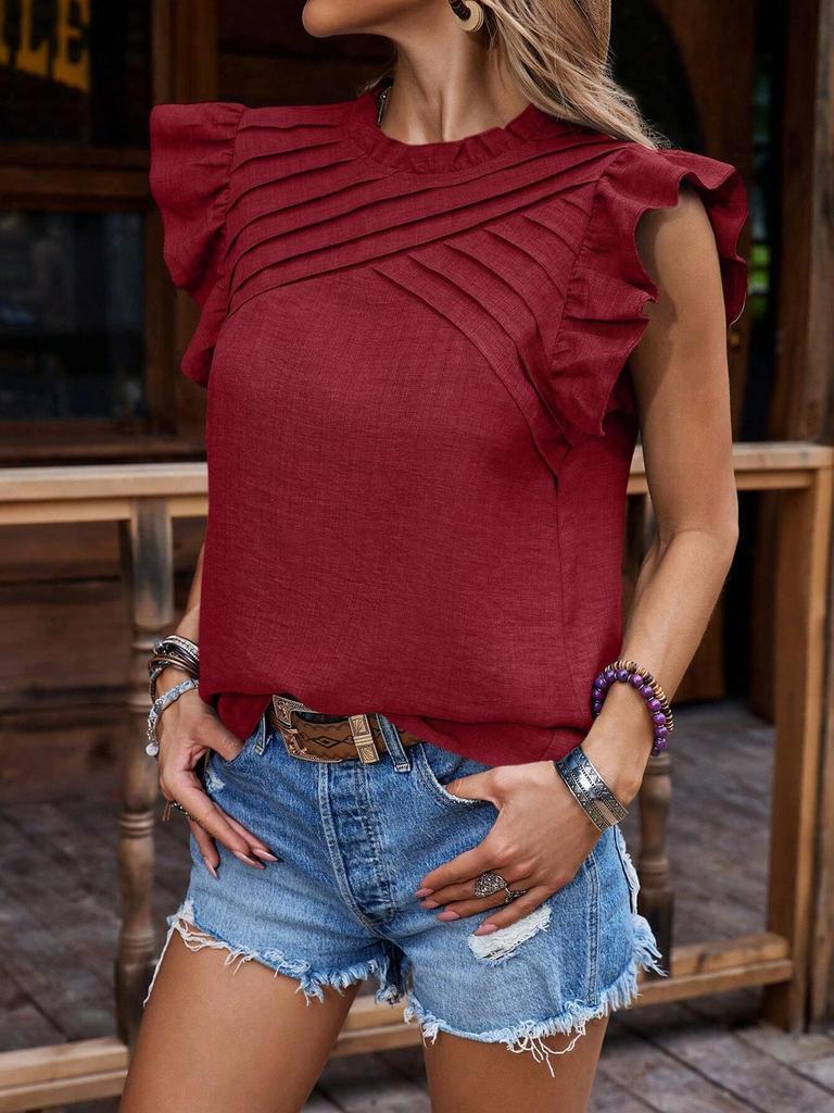 Women's Pure Color Ruffled Raglan Sleeve Top