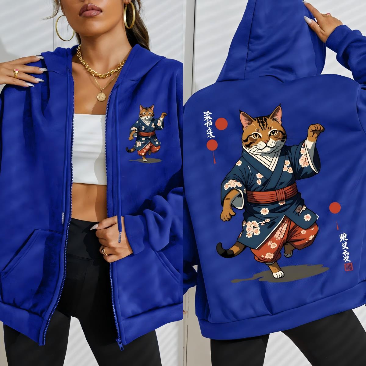 

Japanese Cartoon Standing Cat Prints Zipper Hoodie Woman Fashion Fleece Hoody Autumn Soft Sportswear Street Casual Streetwear 3XL