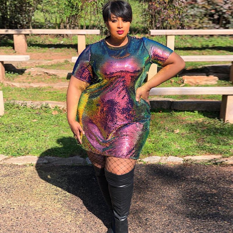 Women's Round Neck Short Sleeve Colorful Sequined Bodycon Party Club Sheath Dress Plus Size
