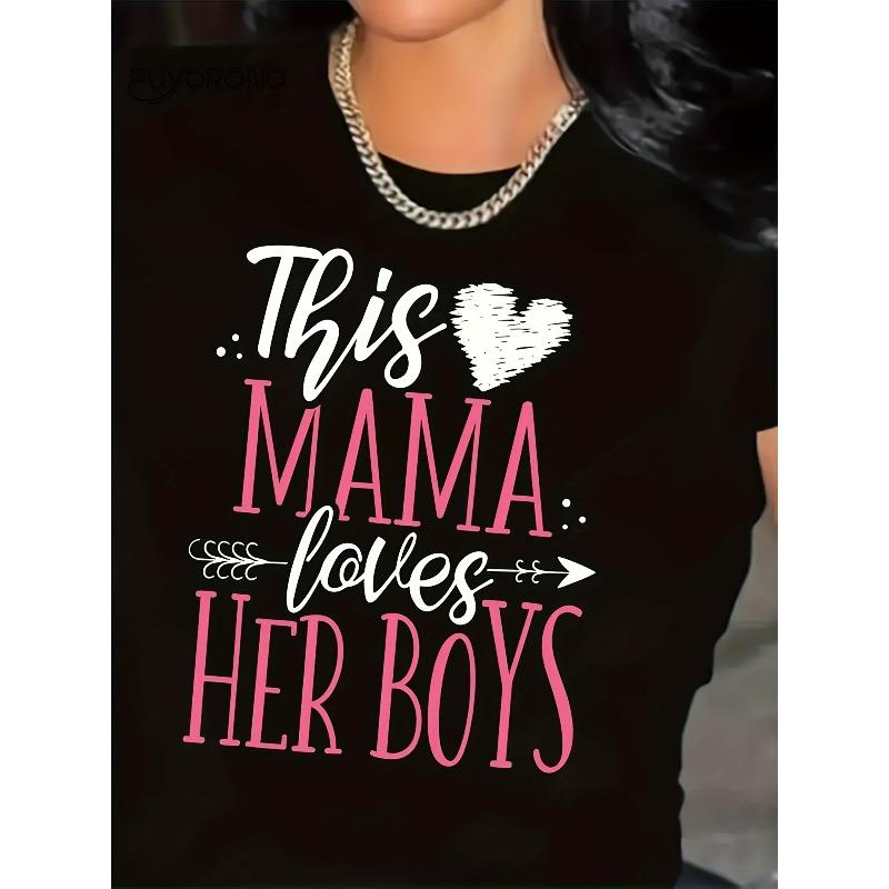 

Womens Mom Loves Her Graphic T Shirt Heart Footprint Print Soft Round Neck Short Sleeve Casual Maternity Top Machine Washable Daily Wear 4XL чорний