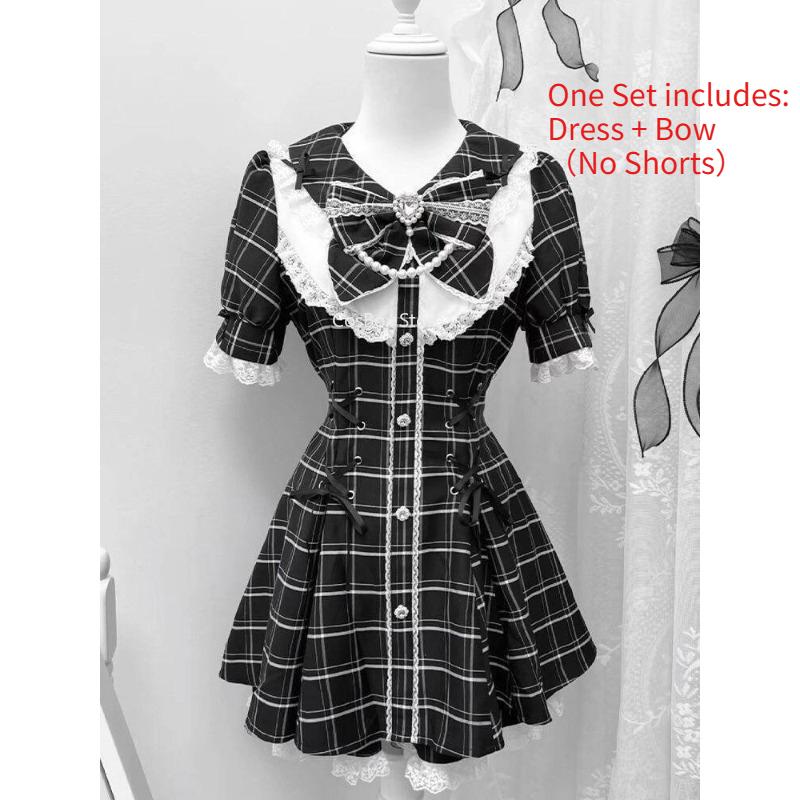 Jirai Kei Strik Jurk Dames Zoete Kawaii Stijl Zwart Roze Lolita Rok Kant Korte Mouw Outfits Japanse Schoolmeisjes Uniform S gray