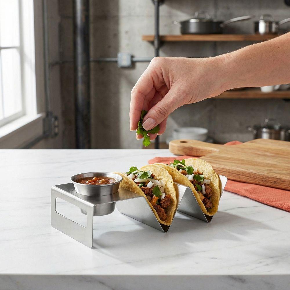 Stainless Steel Taco Holder With Sauce Cup Dishwasher Safe Pancake Stand Heavy Duty Rustproof Taco Stand Pancakes/Hot Dogs