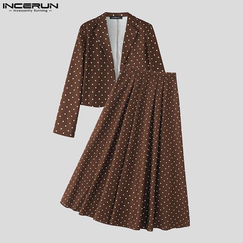 INCERUN Men Long Sleeve Polka Dots Cropped Blazer and Long Skirts Sets Outfits