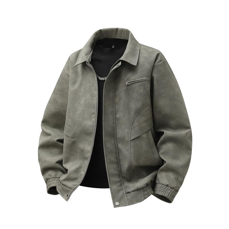 

Retro Distressed Leather Jacket Men s Three-dimensional Lapel Deconstructed Zipper Coats L серый