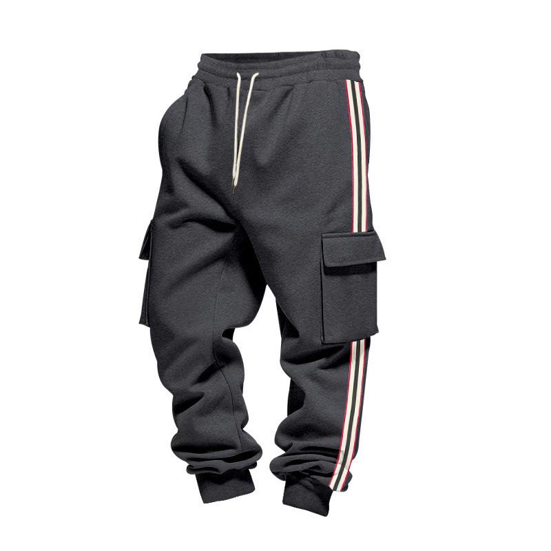 Men Cargo Jogger Sweatpants, Elastic Drawstring Waist Side Flap Cargo Pockets Stripe Seam Ribbed Ankle Cuffs Soft Fleece Casual Athletic Trousers