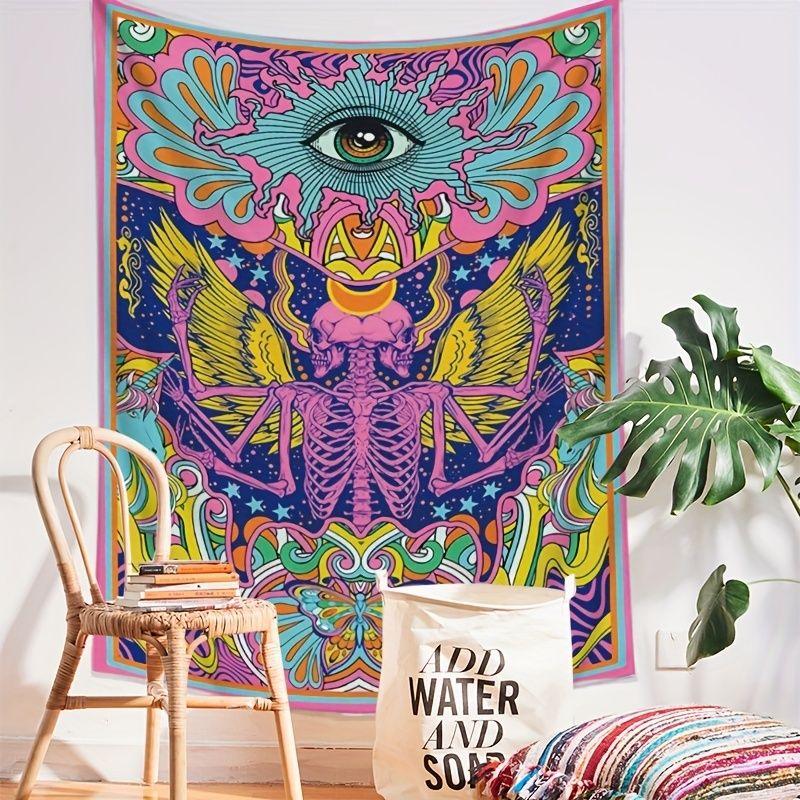 Trippy Psychedelic Rainbow Wing Skeleton Bohemian Tapestry, Colorful Wall Art for Bedroom Living Room Dorm