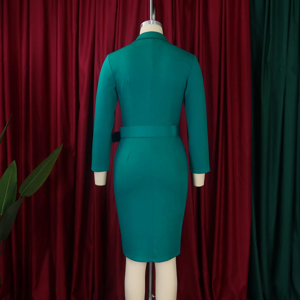 Elegant Office Lady Dress Notched Collar Long Sleeve Belt Waisted Double Breasted Package Hips Mid Calf Formal Work Dress