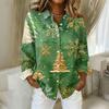 Women's Christmas Printed Button Up Long Sleeved Casual Regular Shirt With Collar Top