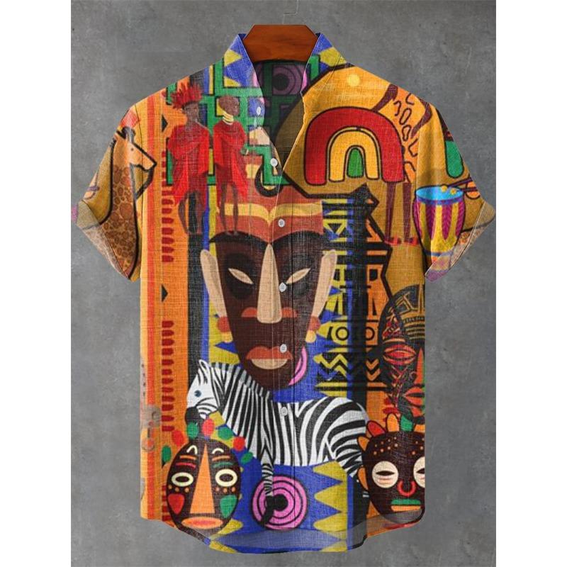Men's Short Sleeve Shirt Vintage Ethnic Style Sunlight and Tree Illustration Art Snake Print Casual Linen Shirt
