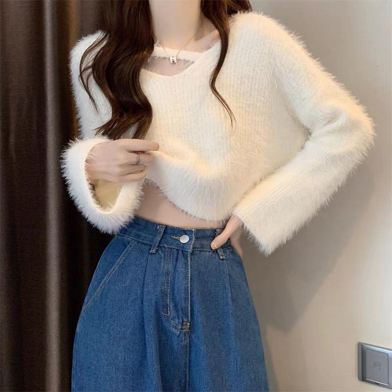 V-neck short soft waxy high-end seahorse sweater women's inner design autumn and winter imitation mink velvet knitted sweater top
