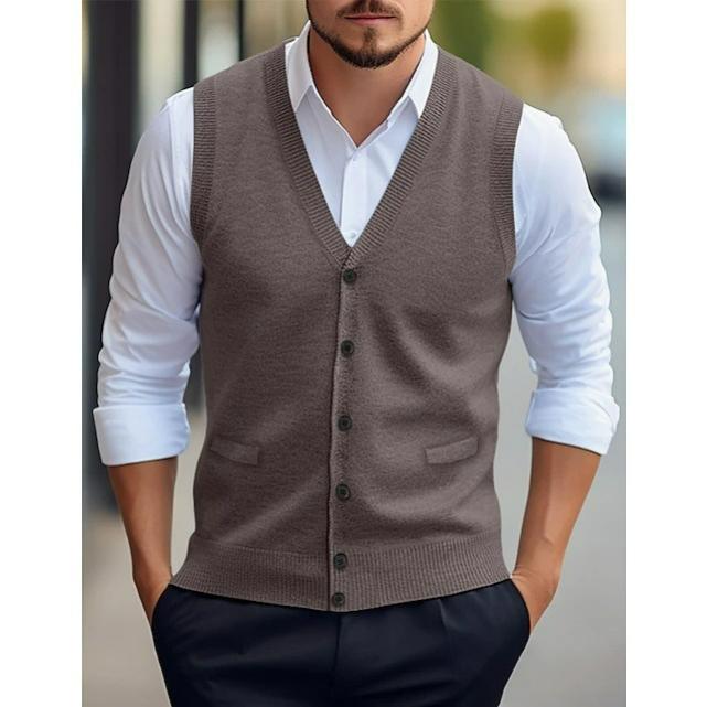 Men's Casual Vest Solid Color Sleeveless Four Seasons Wool Knitted Cardigan Men's Vest