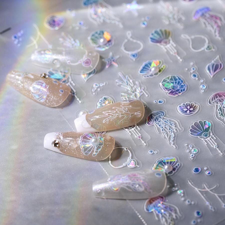Pearl Shell Starfish Conch Coral Bubble Ocean Blue Polarized Self Adhesive Nail Art Stickers Goldfish Koi Manicure Decals