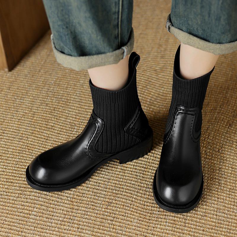 Krazing Pot Microfiber Autumn Winter Shoes Thick Med Heels Size 43 Chelsea Boots Back Knitwear Beauty Lady Stretch Ankle Boots