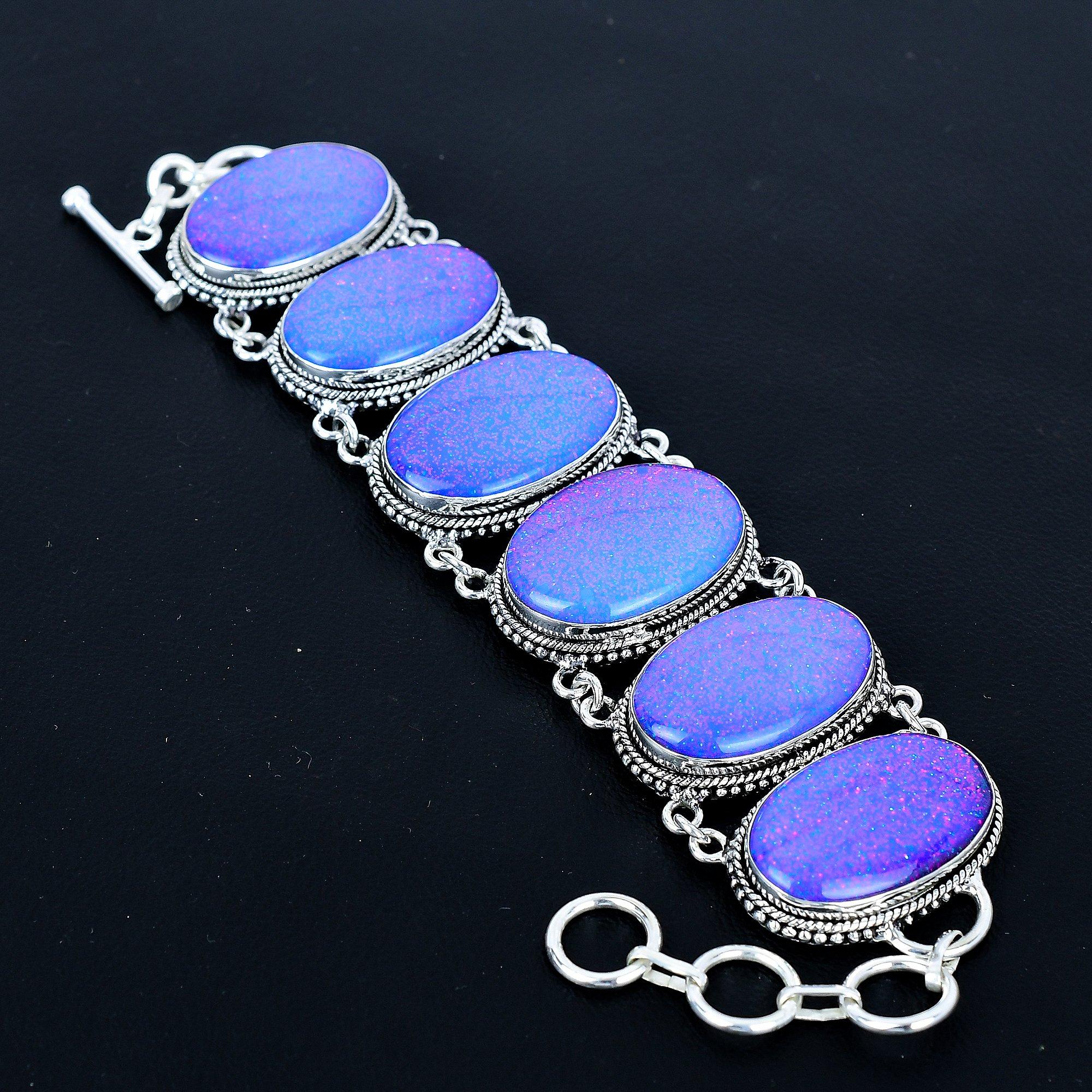 Синий блестящий тройной опал Браслет из стерлингового серебра 925 пробы Ручной работы Серебряные украшения Синий блестящий тройной опал Браслет с драгоценным камнем Повод Подарок 8