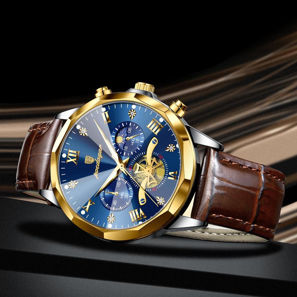 Luxury Men Wristwatch Quartz Waterproof Luminous Moon Phase Chronograph Leather Man Watch Male Reloj