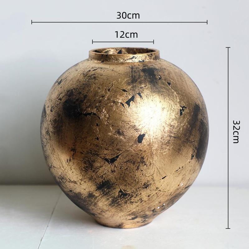 Retro Golden Round Ceramic Vase Handmade Gold Foil Ceramic Jar Flower Vase Flowerpot Home Decoration Accessories