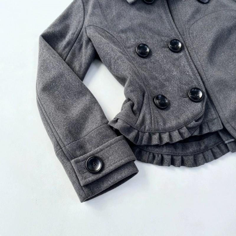 Womens Y2K Wool Blend Coat Short Fitted Ruffled Hem Double Collar Street Style Winter
