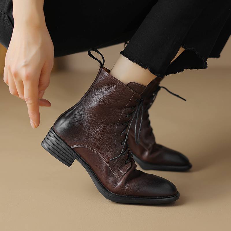 Krazing Pot Cow Leather Winter Round Toe Thick Low Heels Western Boots Women Lace Up Retro Ankle Boots