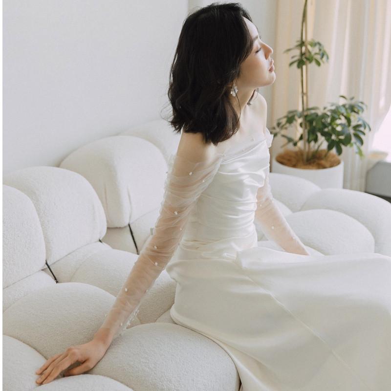 One-word Shoulder Light Wedding Dress Simple Travel Photo White Thin High-end Bride Wedding Super Fairy Welcome Door Dress