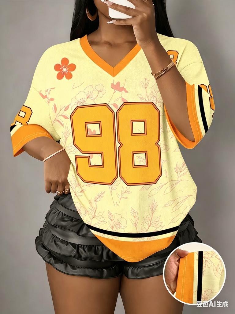 Women's Flower NO.98 Print V-Neck Short Sleeve T-Shirt Summer Graphic Tee Sport Jerseys Plus Size Sport T-Shirt