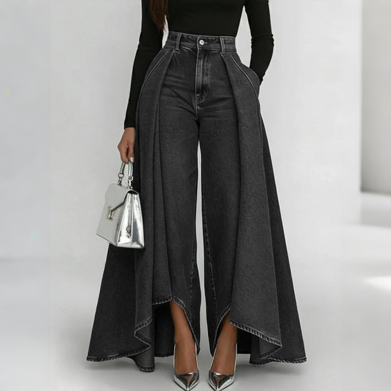 

High Waist Wide Leg Jeans for Women Loose Fit Casual Denim Pants with Extended Flared Overlay Panel Stylish Comfortable Design XXL чёрный